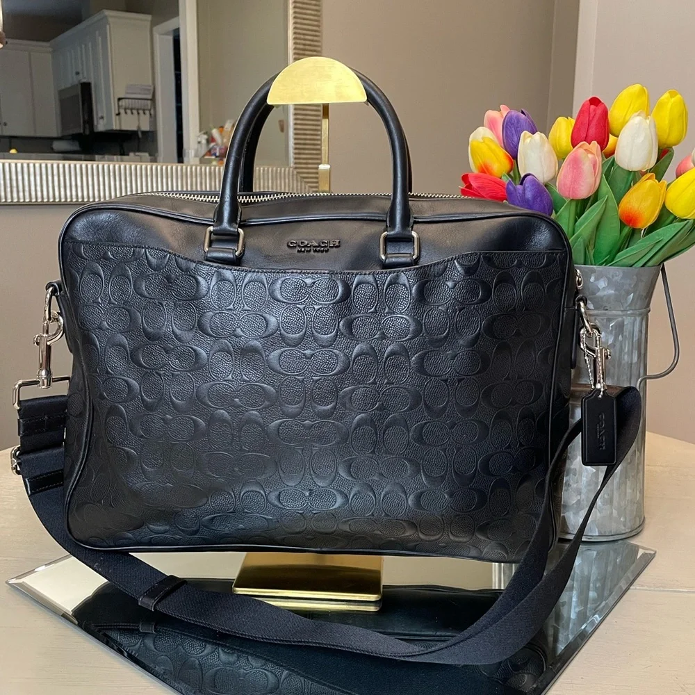 Coach Black Embossed Signature Leather Laptop Bag